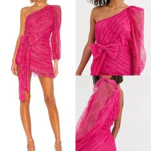 NWT FOR LOVE & LEMONS Dynasty One Shoulder Barbie Core Lace Bow Pink Dress Small